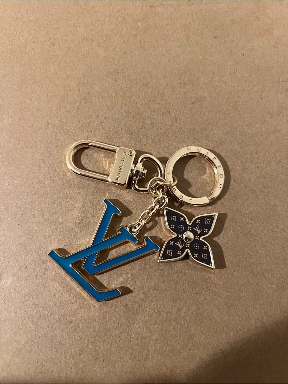 Blue & Brown Monogram Bag Charm or Keychain with Stamped Gold Hardware